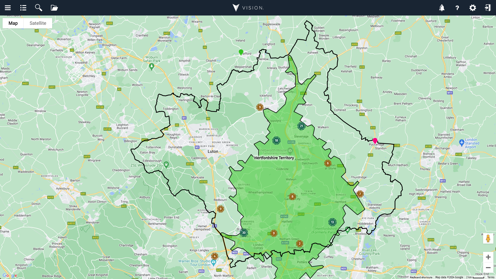 Hertfordshire Territory with 20 Minute Drive Time and Customers