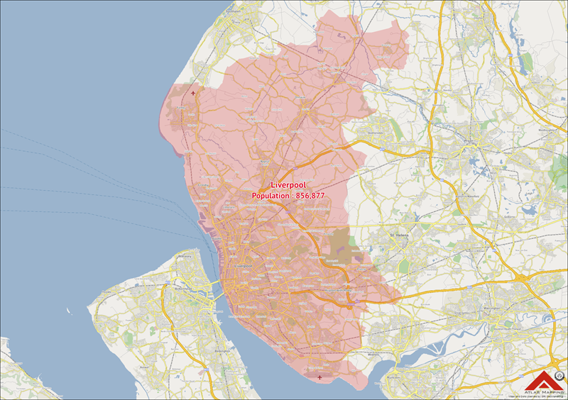A map showing the population within Liverpool and surrounding area.