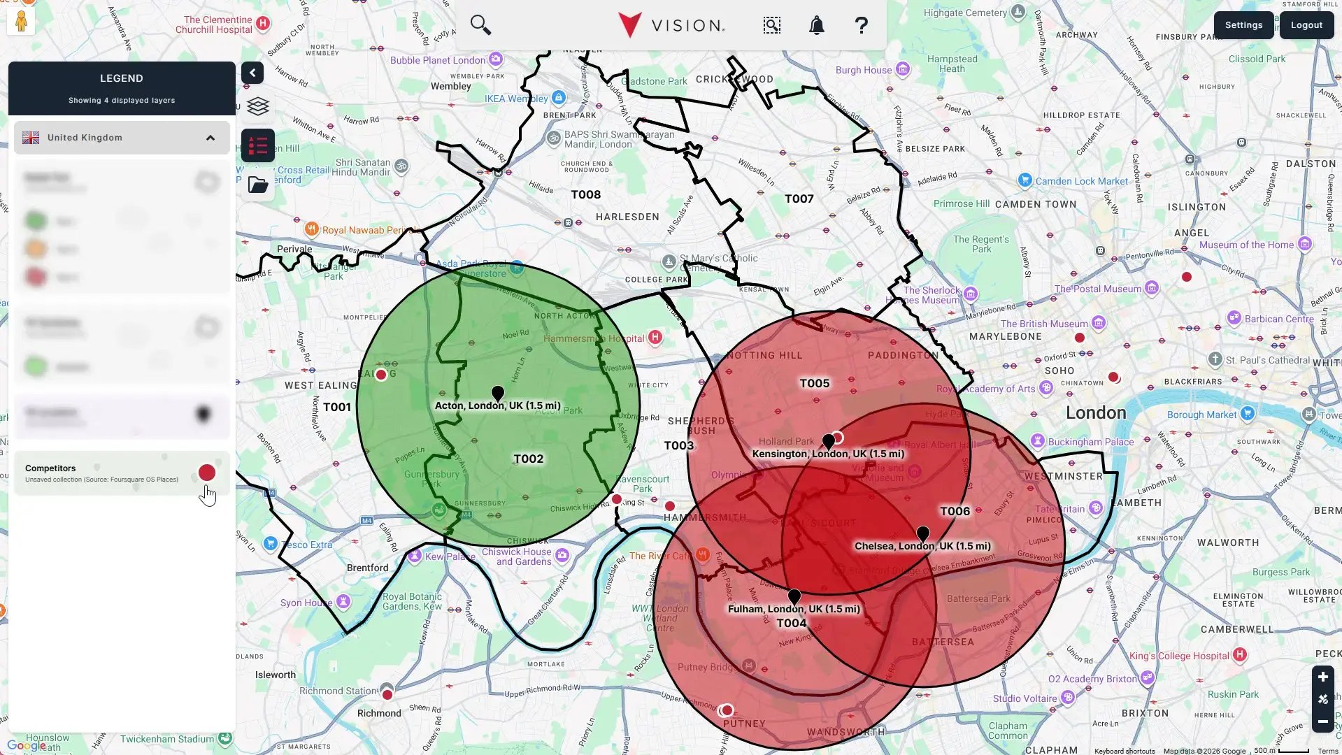 business competitors identified using the Vision software