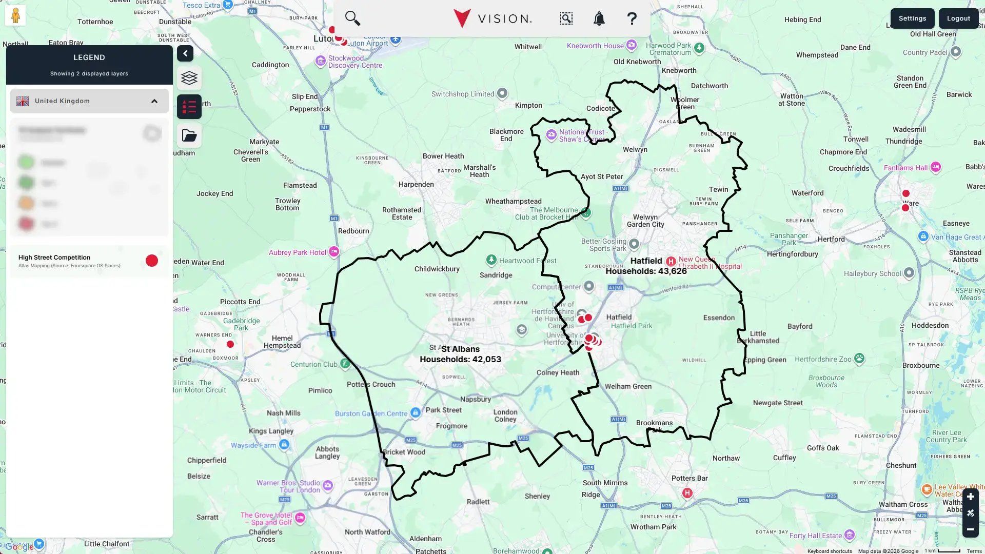 A map showing the limits of demographics in an area
