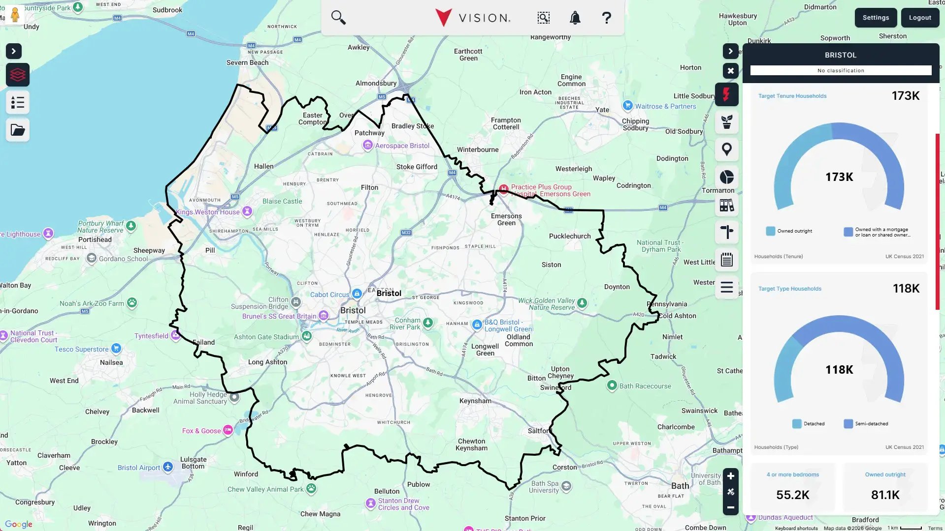 area analysis for Bristol using the Vision software