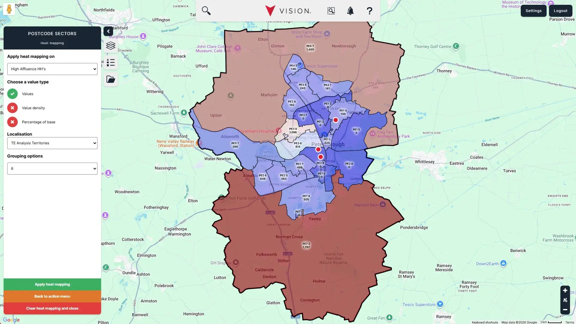 map showing postcode sectors