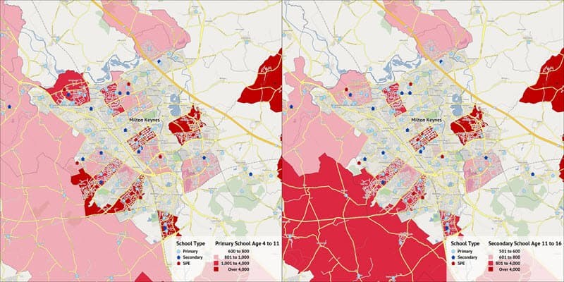 A map showing hot-spots of primary-school and secondary-school aged children in Milton Keynes.