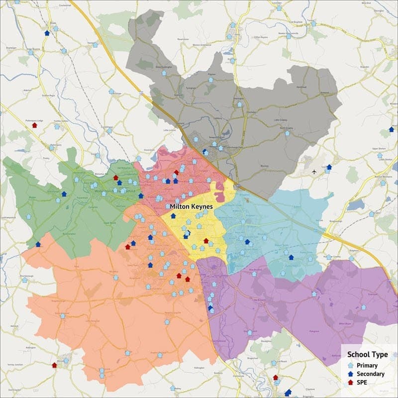 A map showing the localities and schools within Milton Keynes.