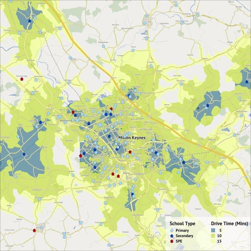 A map showing the drive-times from secondary schools in Milton Keynes.