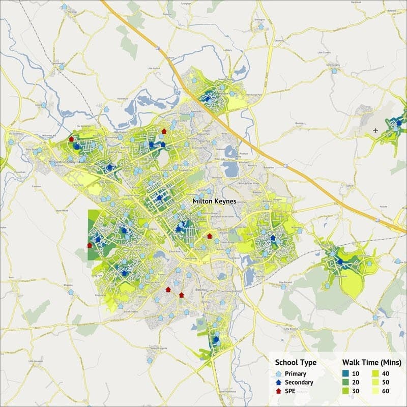 A map showing walking times from secondary schools in Milton Keynes.