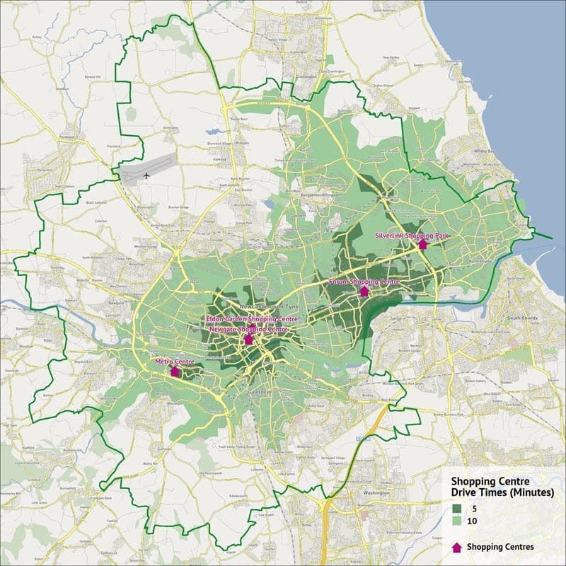 A map showing drive-times from major shopping centres in Newcastle.