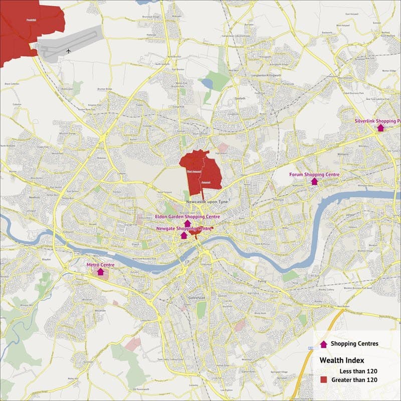 A map showing the wealthiest areas in Newcastle.