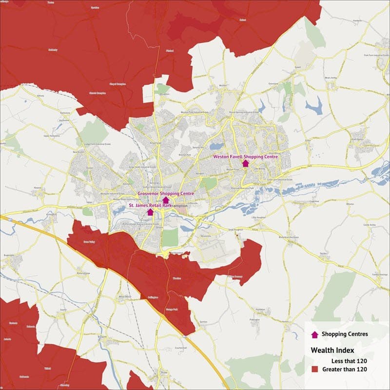 A map showing the wealthiest areas in Northampton.