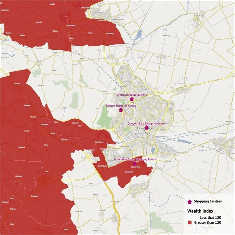 A map showing the wealthiest areas in Peterborough.