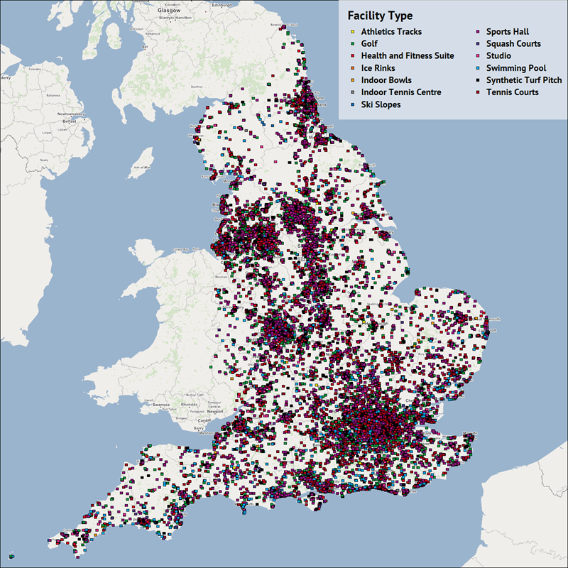 A map showing the locations of non-grass sports facilities in England.