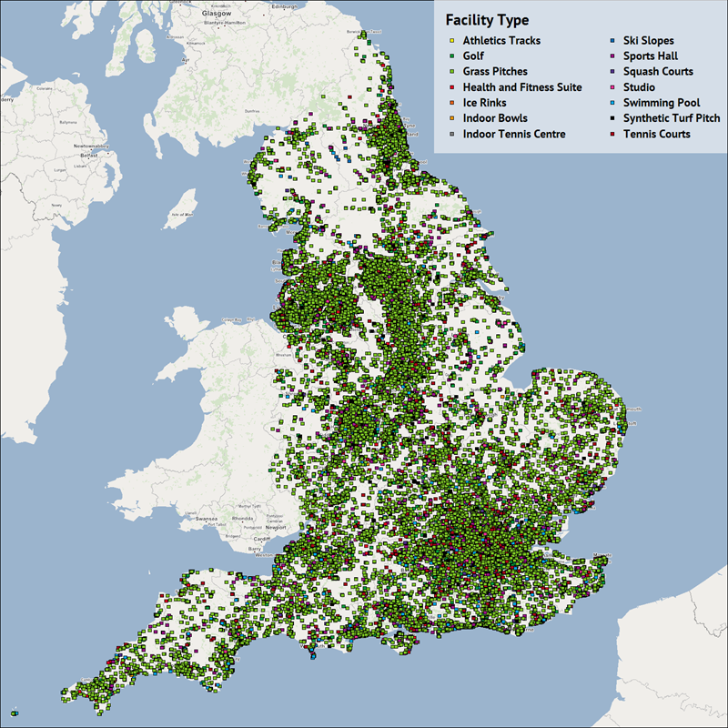 A map showing the location of sports facilities in England.