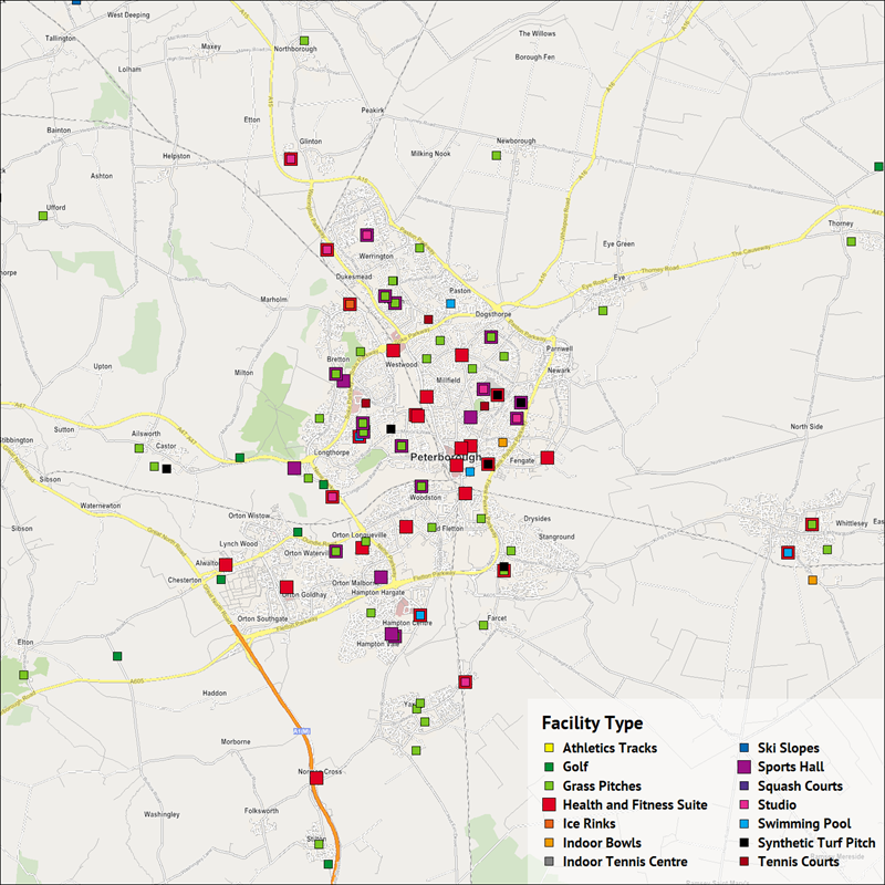 A map showing the location of sports facilities in Peterborough.