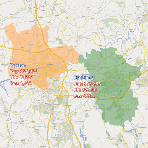 A map showing Preston and Blackburn market areas.