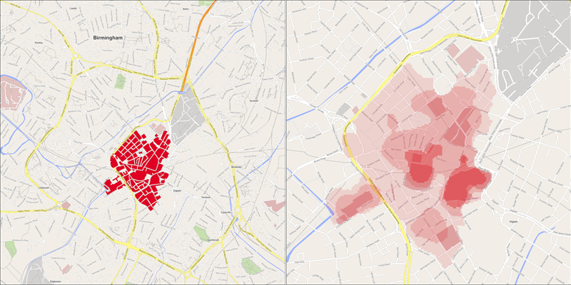 Side-by-side maps showing the retail areas in Birmingham (left) and hottest pitches within them (right).