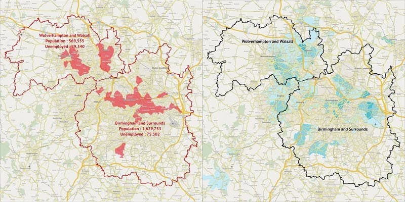 Side-by-side maps showing the unemployment hotspots (left) and the least-wealthy hotspots (right) in the Birmingham area.
