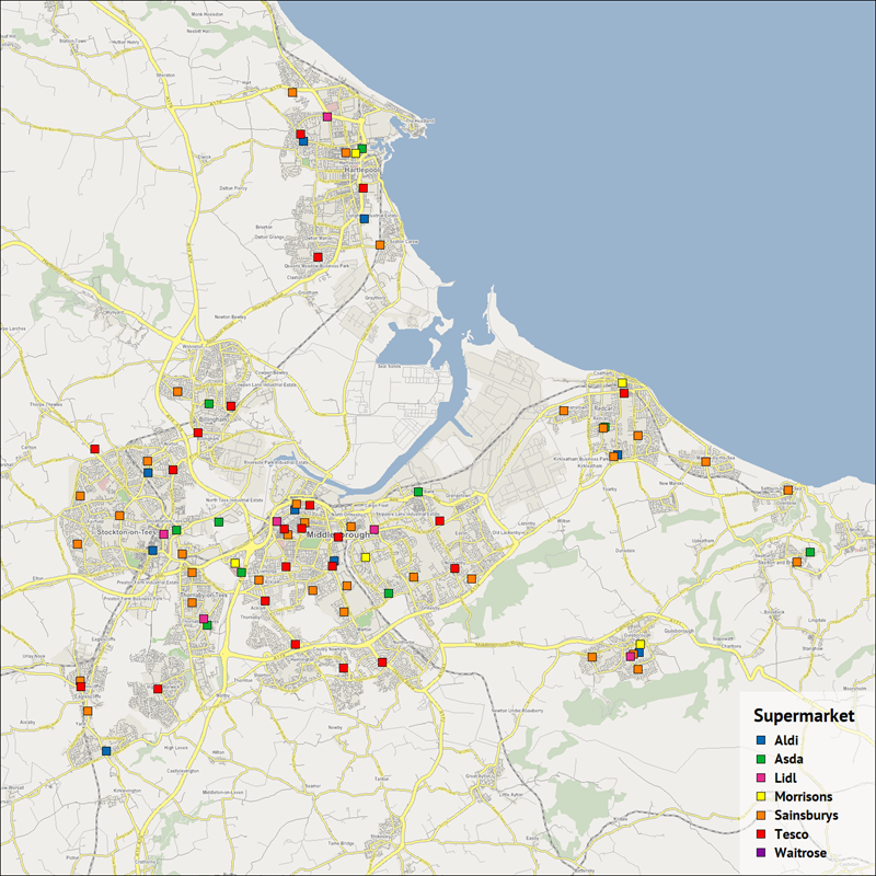 A map showing the location of supermarkets in the Redcar, Middlesbrough, Stockton-On-Tees, and Hartlepool areas.