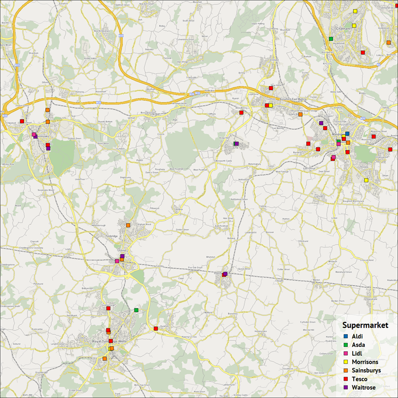 A map showing the location of supermarkets in the Royal Tunbridge Wells, Sevenoaks, Aylesford, and Maidstone areas.