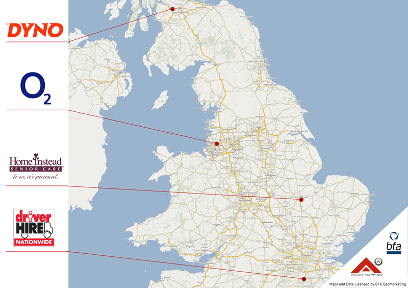 A map showing the location of Customer Service Award Finalists.