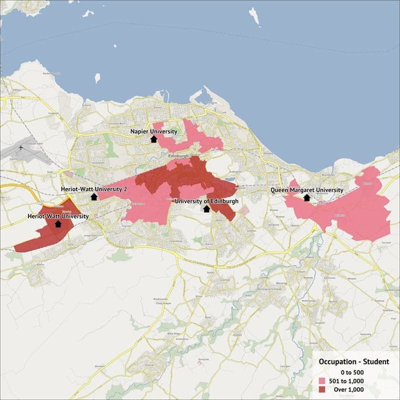 A map showing student populations and universities in Edinburgh.