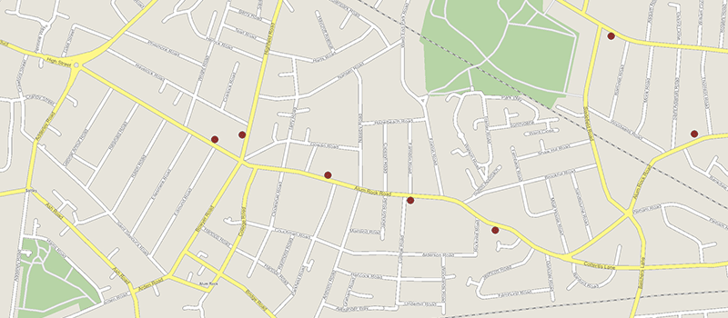A map showing fish & chips shops in Birmingham all located on main roads.