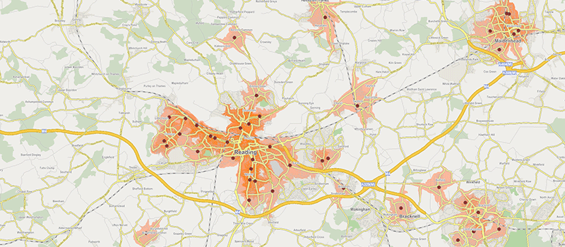 A map showing fish & chips shops around Reading with customer drive-times.