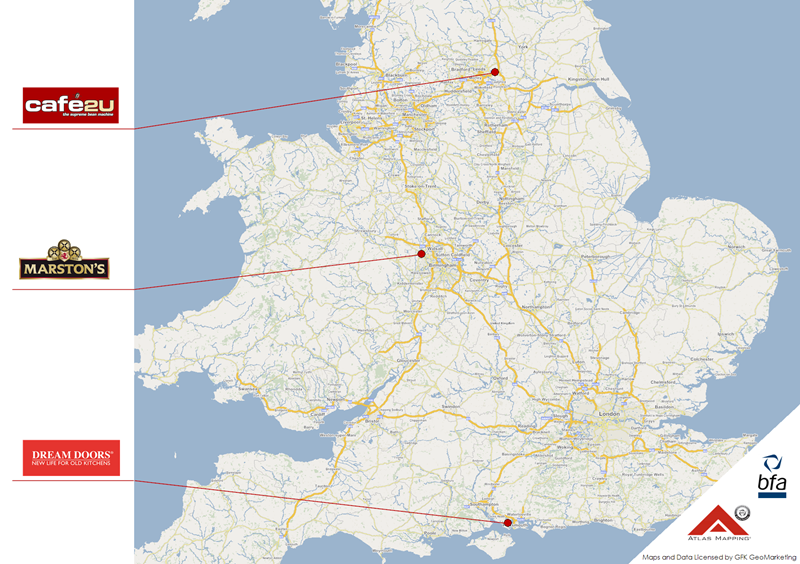 A map showing the location of Franchisee Recruitment Award Finalists.
