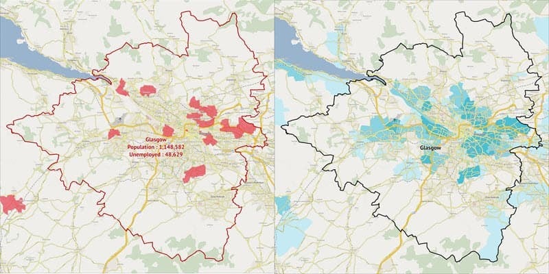 Side-by-side maps showing the unemployment hotspots (left) and the least-wealthy hotspots (right) in the Glasgow area.