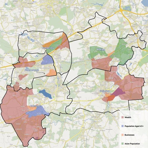 A map showing market hot-spots of different criteria in the Guildford area.