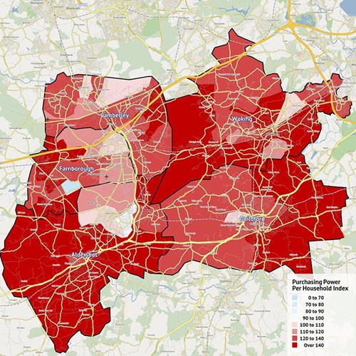 A map showing the household purchasing power in the Guildford area based on national figures.