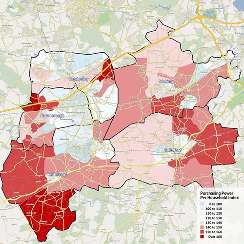 A map showing the household purchasing power in the Guildford area based on local figures