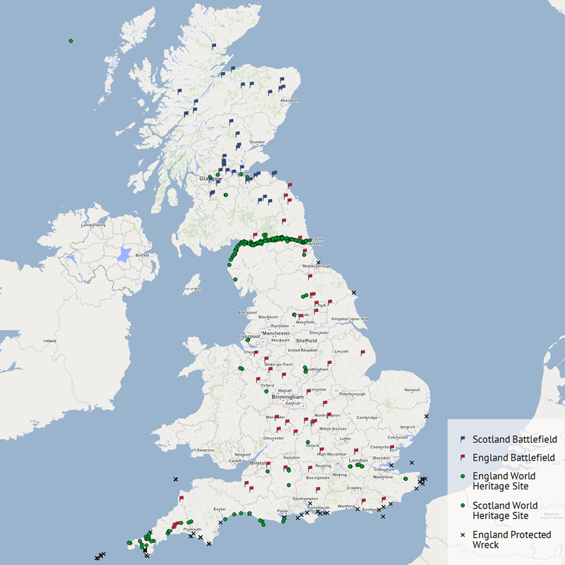A map showing historic locations in the UK.