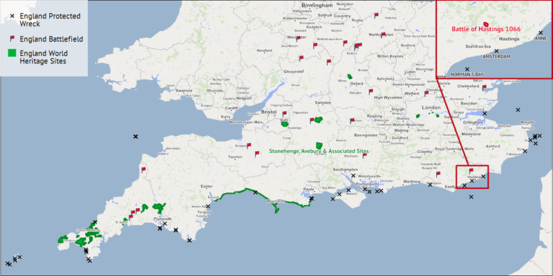A map showing historical locations in England and highlighting the Battle of Hastings.