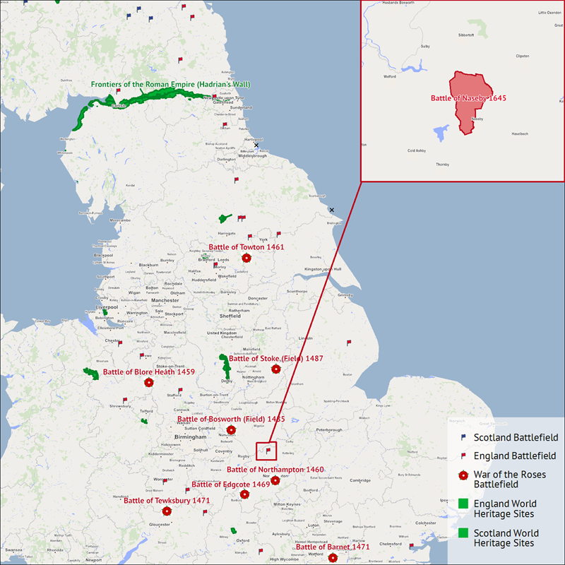 A map showing historical locations in England and highlighting the Battle of Naseby.