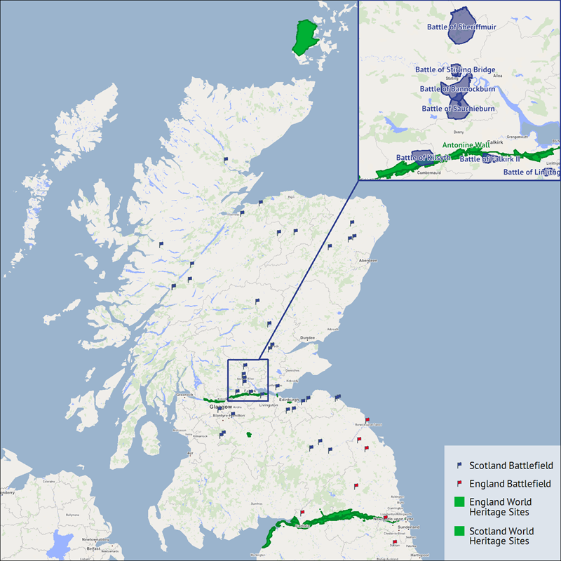 A map showing historic locations in Scotland.