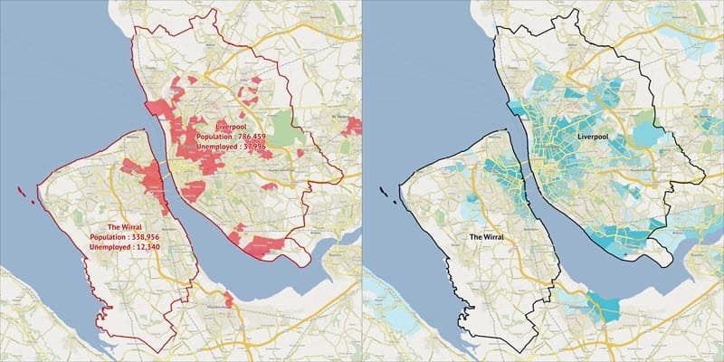 Side-by-side maps showing the unemployment hotspots (left) and the least-wealthy hotspots (right) in the Liverpool-Wirral area.