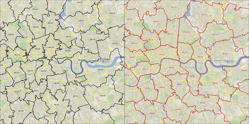 Side-by-side maps of London showing a computer-generated territory network (left) against one created by a human (right).