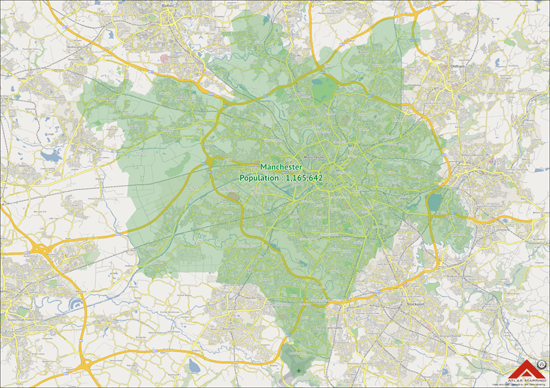 A map showing the population within Manchester and surrounding area.