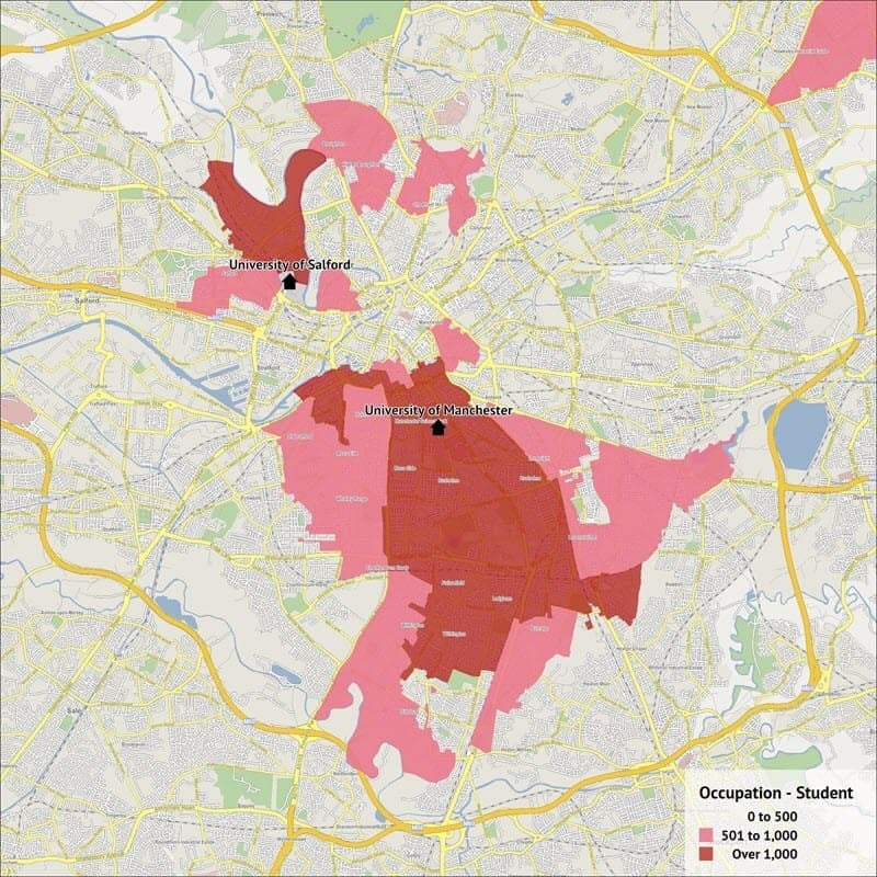 A map showing student populations and universities in Manchester.