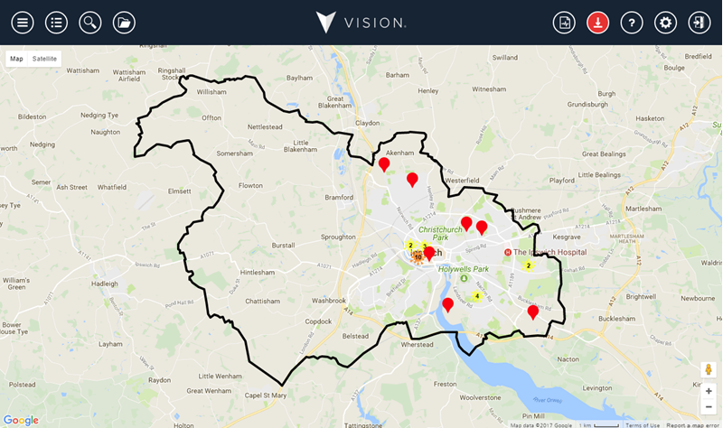 Map showing a territory with their customers plotted.