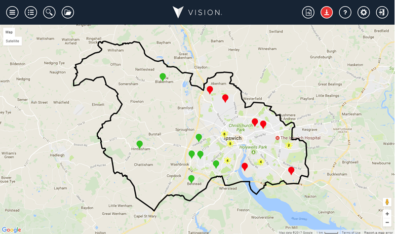 Map showing new customers plotted for a territory.