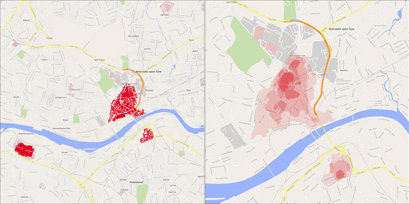 Side-by-side maps showing the retail areas in Newcastle (left) and hottest pitches within them (right).