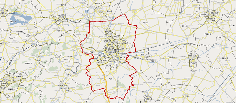 A map showing a territory made from Postcodes.