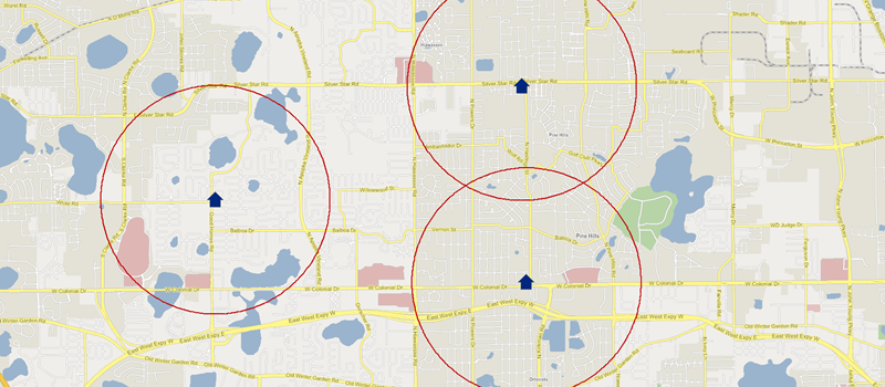A map showing radii around several locations. Two radii overlap.