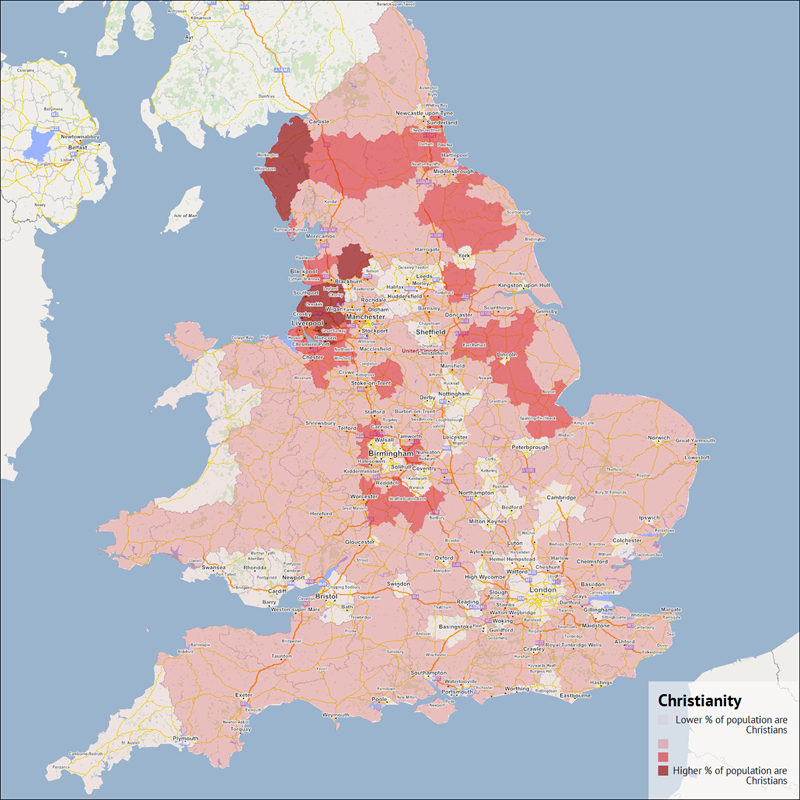 A map of the UK showing the hotspots of Christians.