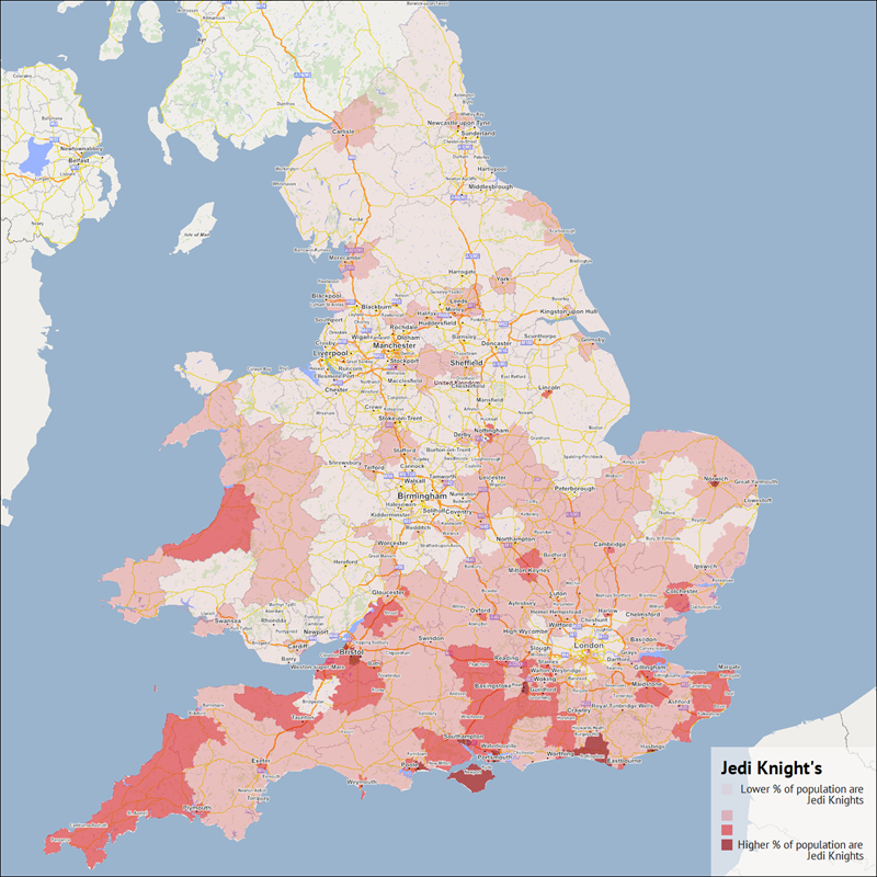 A map of the UK showing the hotspots of Jedi Knights.