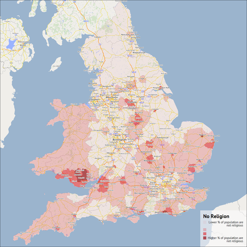 A map of the UK showing the hotspots of people claiming no religion.