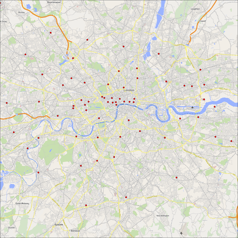A map showing the location of retail places in London.