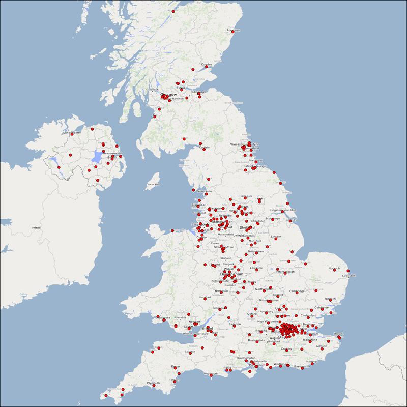 A map showing the location of retail places in the UK.