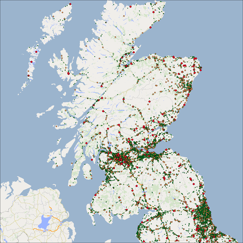 A map showing accident locations in the North of the UK.